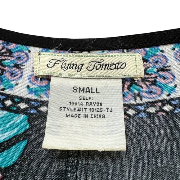 Flying Tomato Kimono Top Small Black Floral Boho Crossover Blouse Rayon Crop - Picture 4 of 8